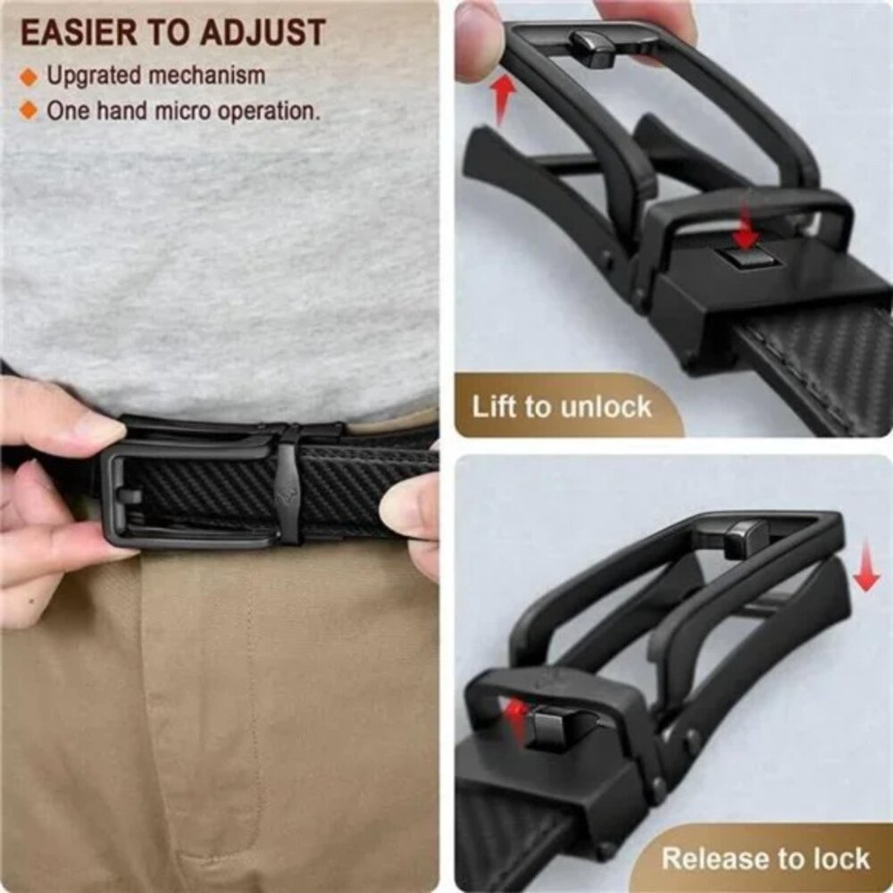 MEN Belt, Ratchet Click Sliding Genuine Leather Black - Picture 5 of 7